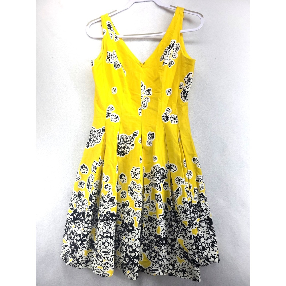 Nine West Dress Yellow Sunshine Combo Drop Floral V Neck Fit & Flare Pleat Sz 6